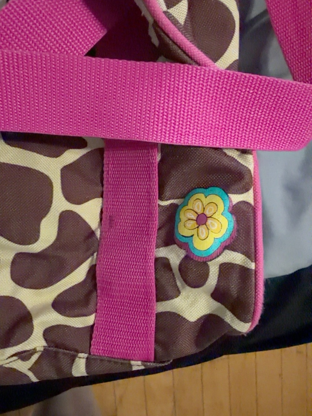 Kids Pink & Brown Giraffe Print Bag with Flower Patch